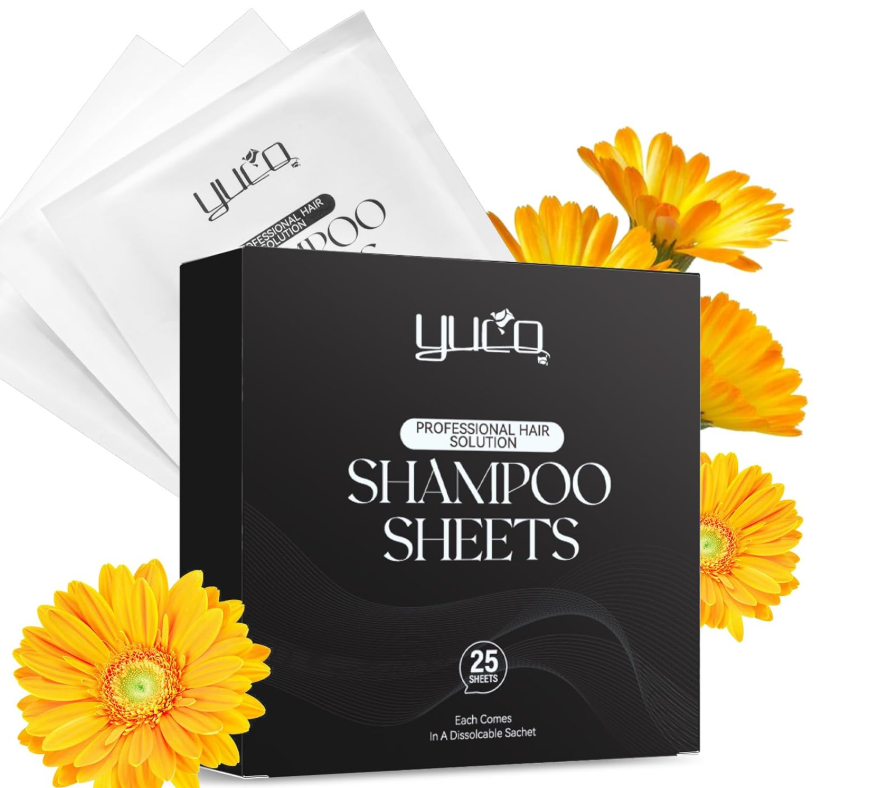 YUCO Travel Hair Shampoo Sheets Travel Pack 25 Tablets,Individual Sachet,for Hair Washing,Calendula officinalis Scent,For Gym,Camping,Vacation,Hotels...