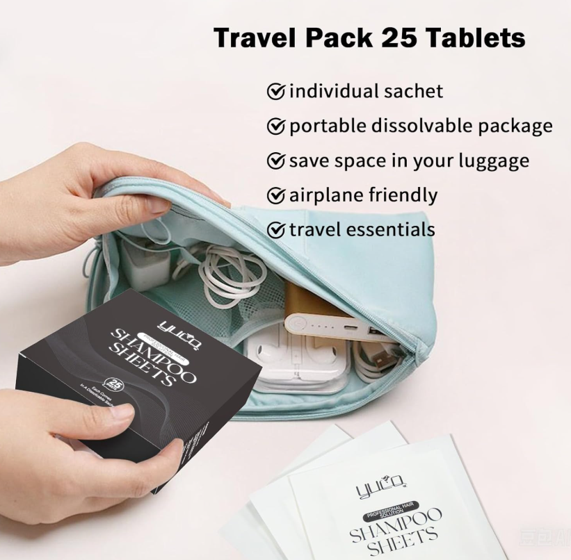 YUCO Travel Hair Shampoo Sheets Travel Pack 25 Tablets,Individual Sachet,for Hair Washing,Calendula officinalis Scent,For Gym,Camping,Vacation,Hotels...
