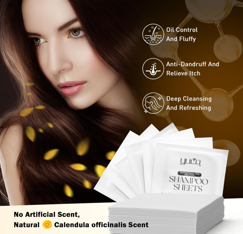 YUCO Travel Hair Shampoo Sheets Travel Pack 25 Tablets,Individual Sachet,for Hair Washing,Calendula officinalis Scent,For Gym,Camping,Vacation,Hotels...